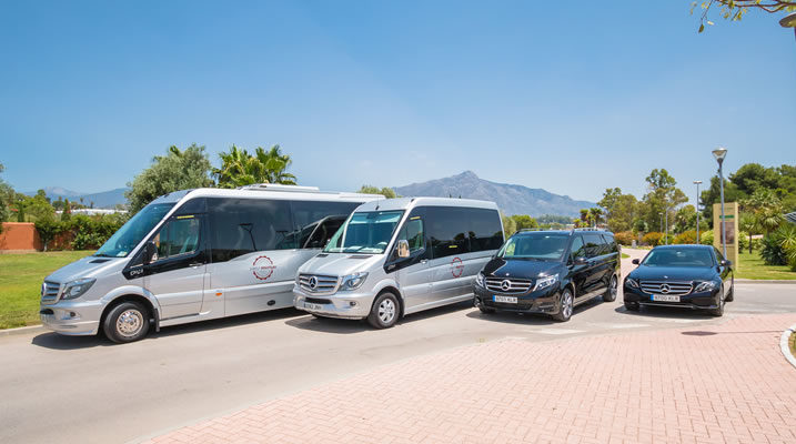 A selection of the vehicles from our partner Simply Shuttles - showing coaches, minibus, people carrier and town car