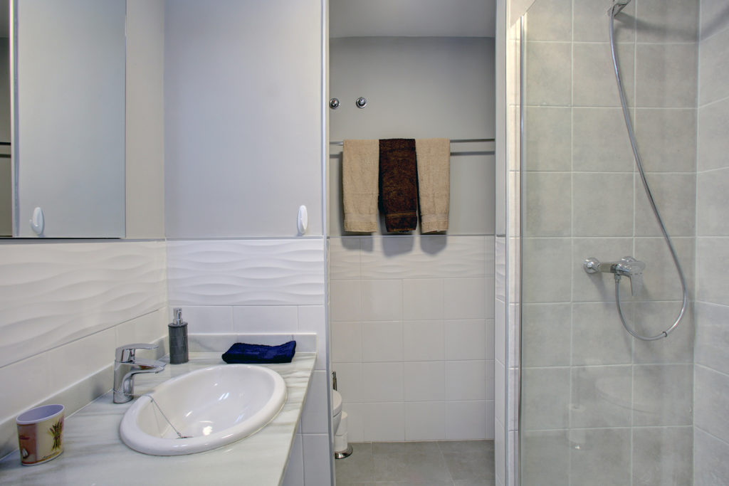 Image shows a large walk in shower and twin basins
