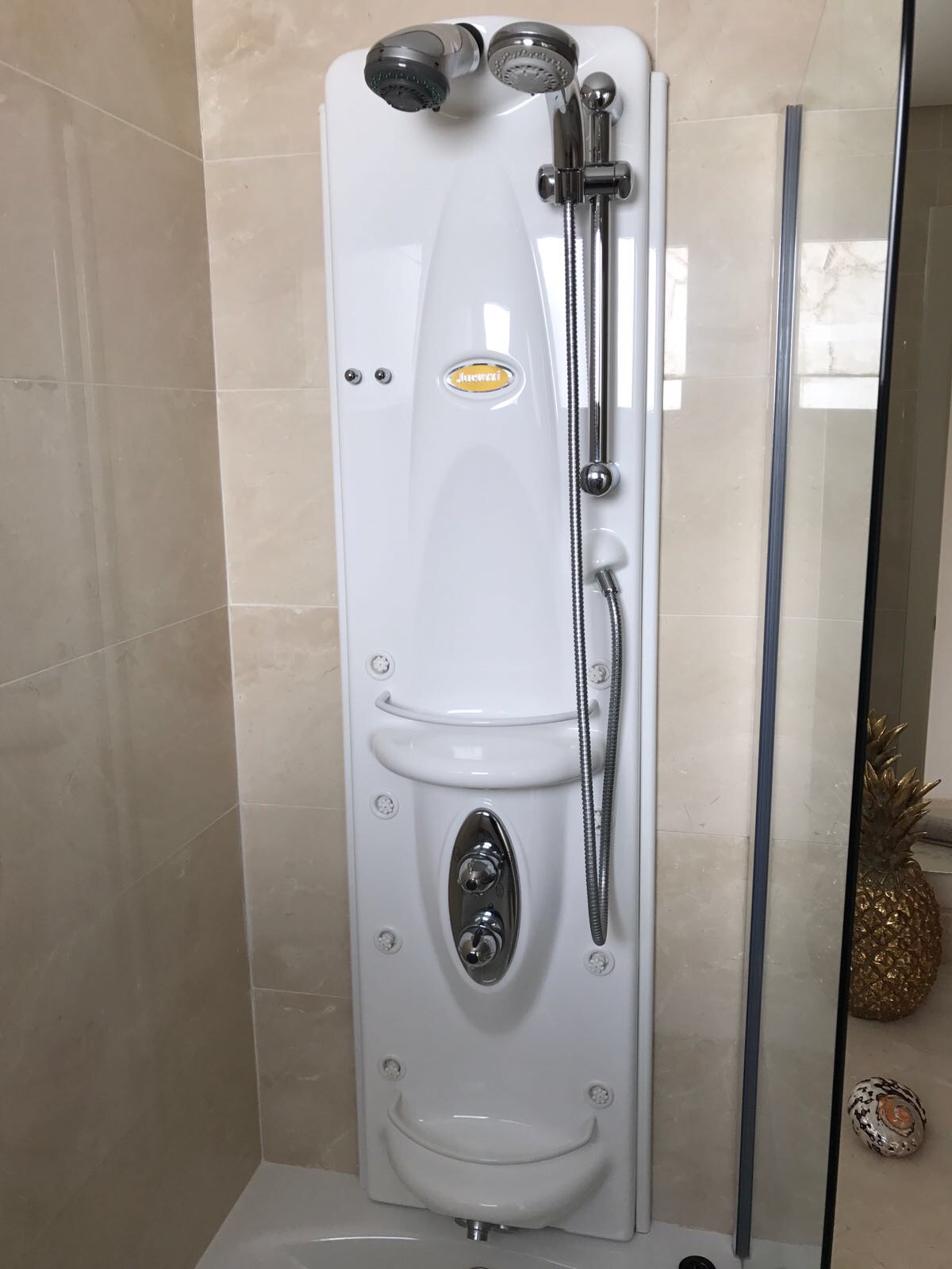 Image shows the shower unit in the second bathroom which features a jacuzzi shower of this stylish penthouse in Alcazaba Lagoon
